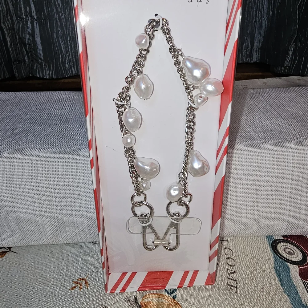 a new day Silver Phone Chain with Pearl Charms